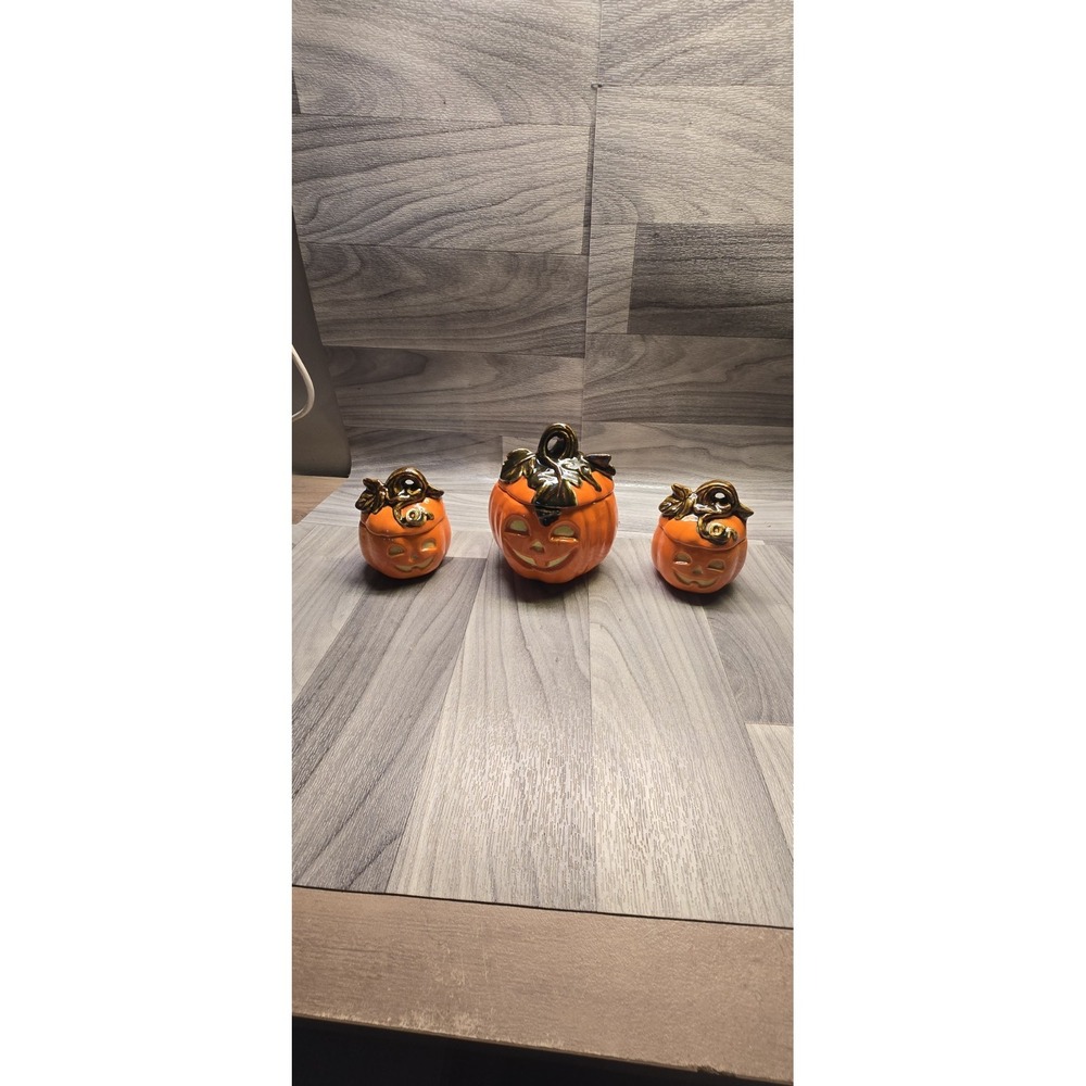 Lot of 3 Vibrant Orange Hand-crafted Ceramic Pumpkin Decor